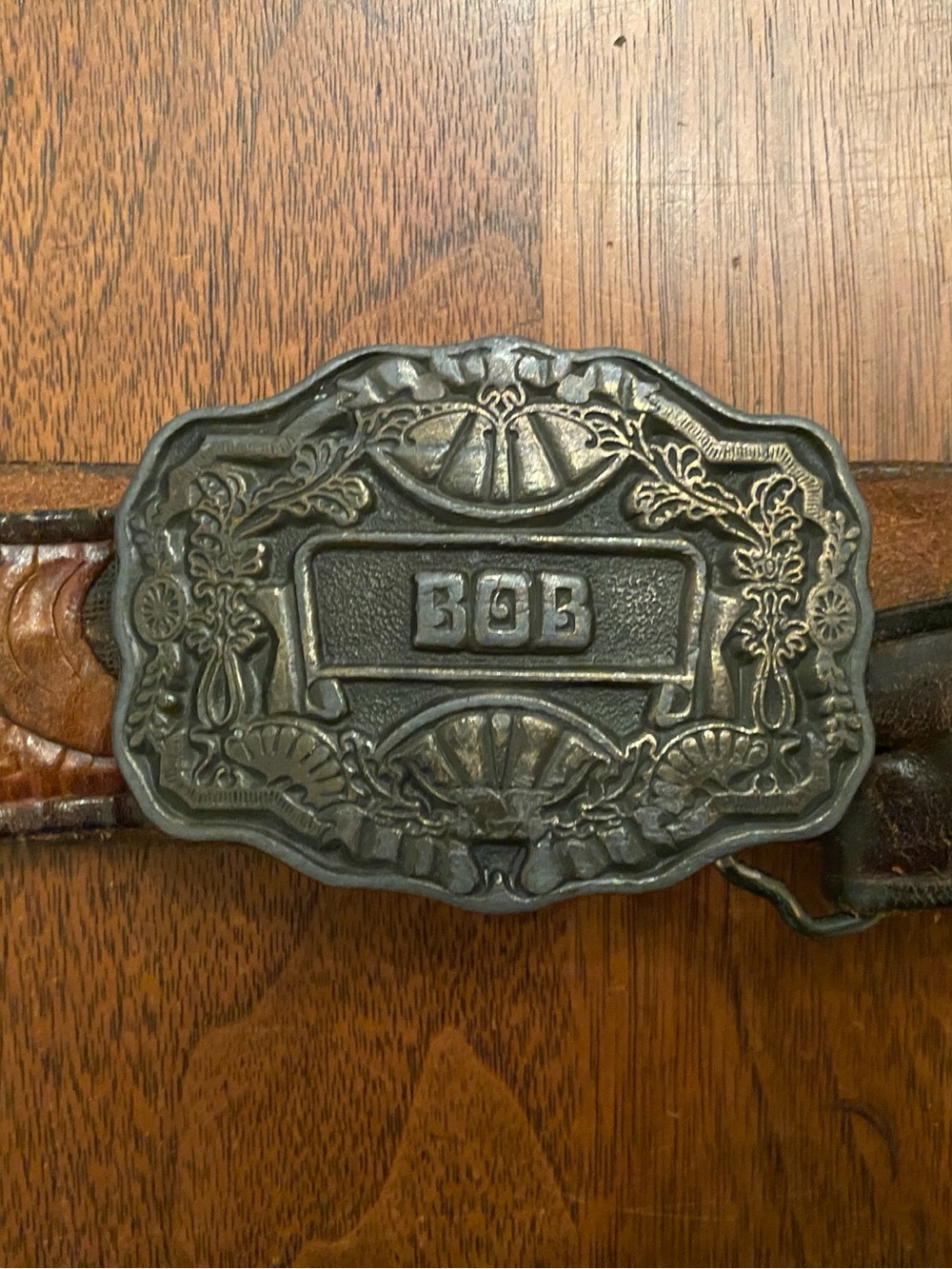 Engraved Metal Belt Buckle with 'BOB' Monogram - hand tooled western style